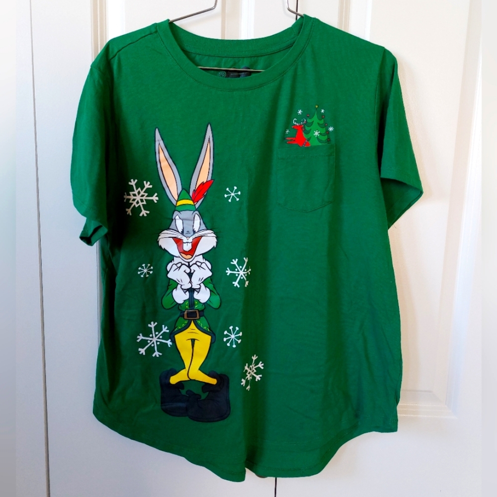 Bugs Bunny Elf tshirt‎ Juniors XXL Green Christmas Pocket Vneck Looney Tunes